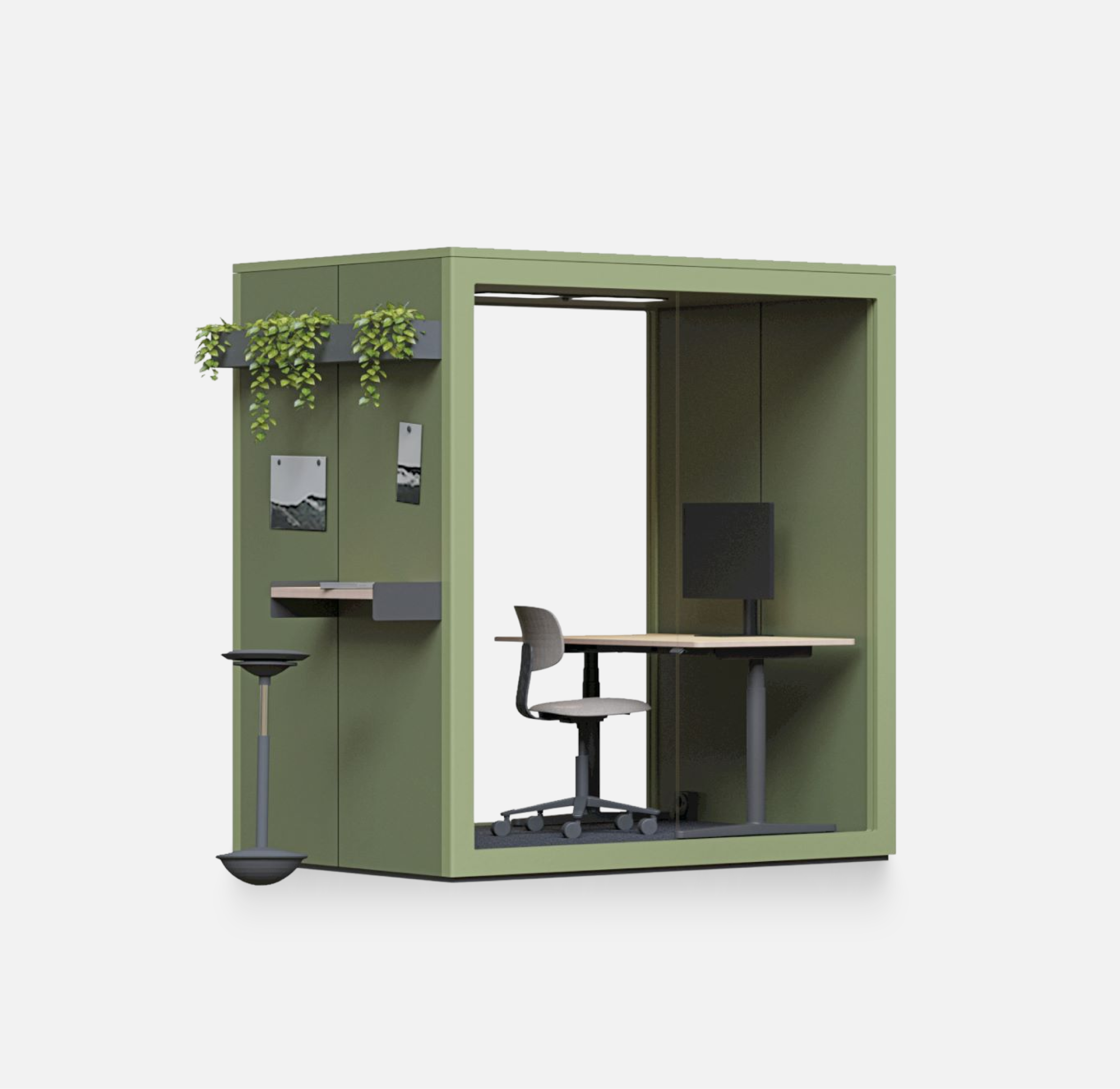Gruener Talky M75 Einzelarbeitsplatz mit hoehenverstellbarem Tisch, Bildschirm und Pflanzenregal