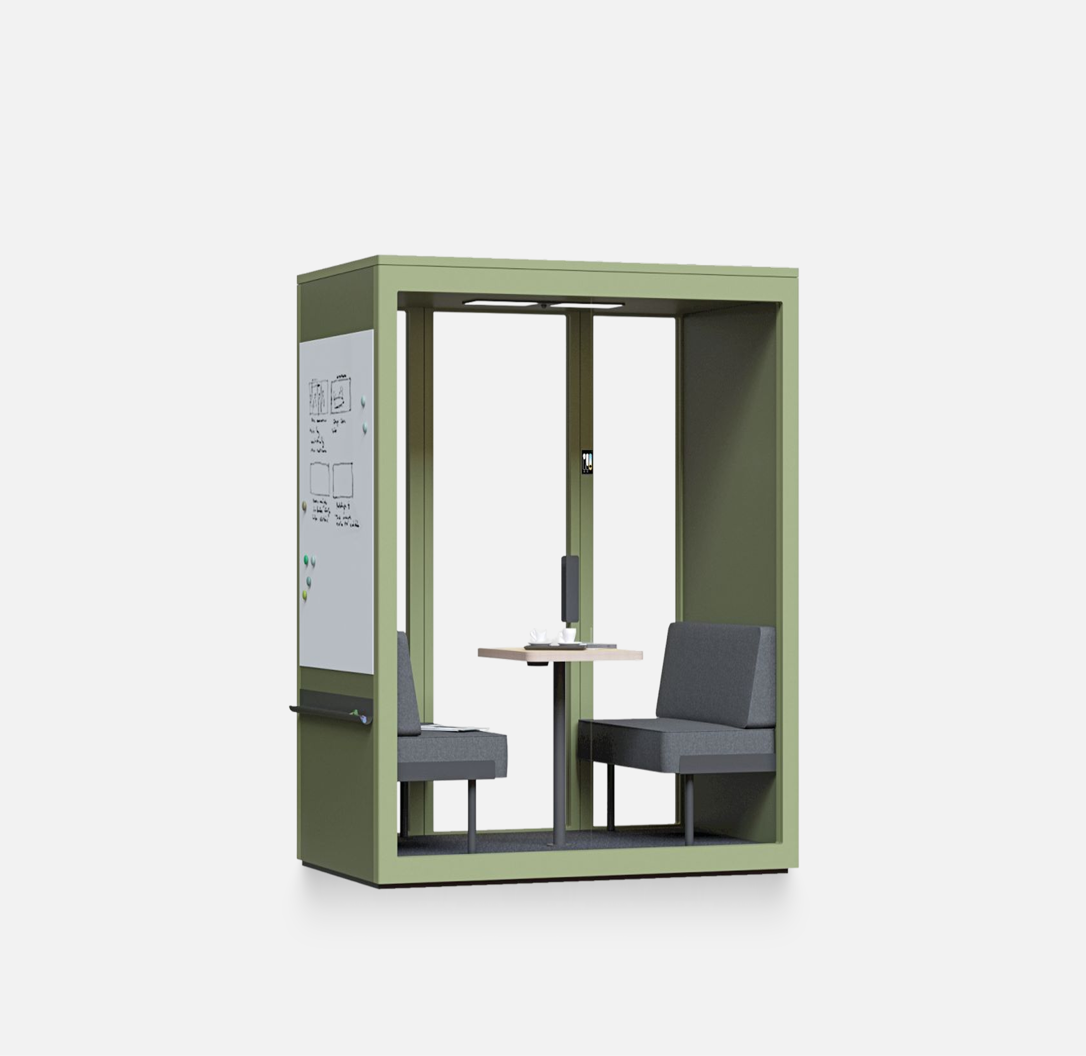 Gruener Talky S109 Meetingraum mit gegenueberliegenden Sitzbaenken, Tisch und Whiteboard-Wand
