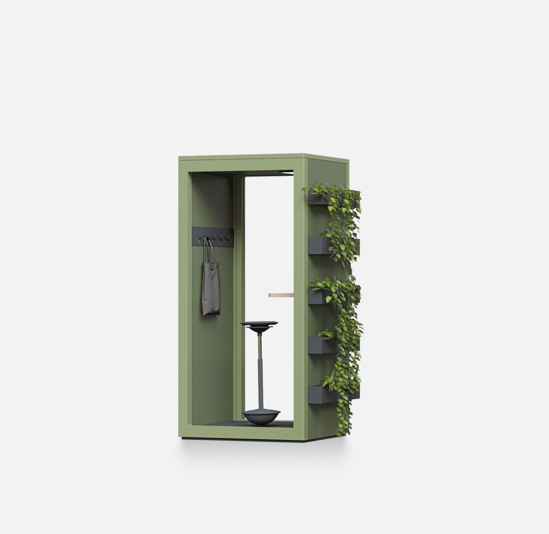Gruene Talky S75 Telefonzelle mit begruenter Aussenwand und Garderobenhaken