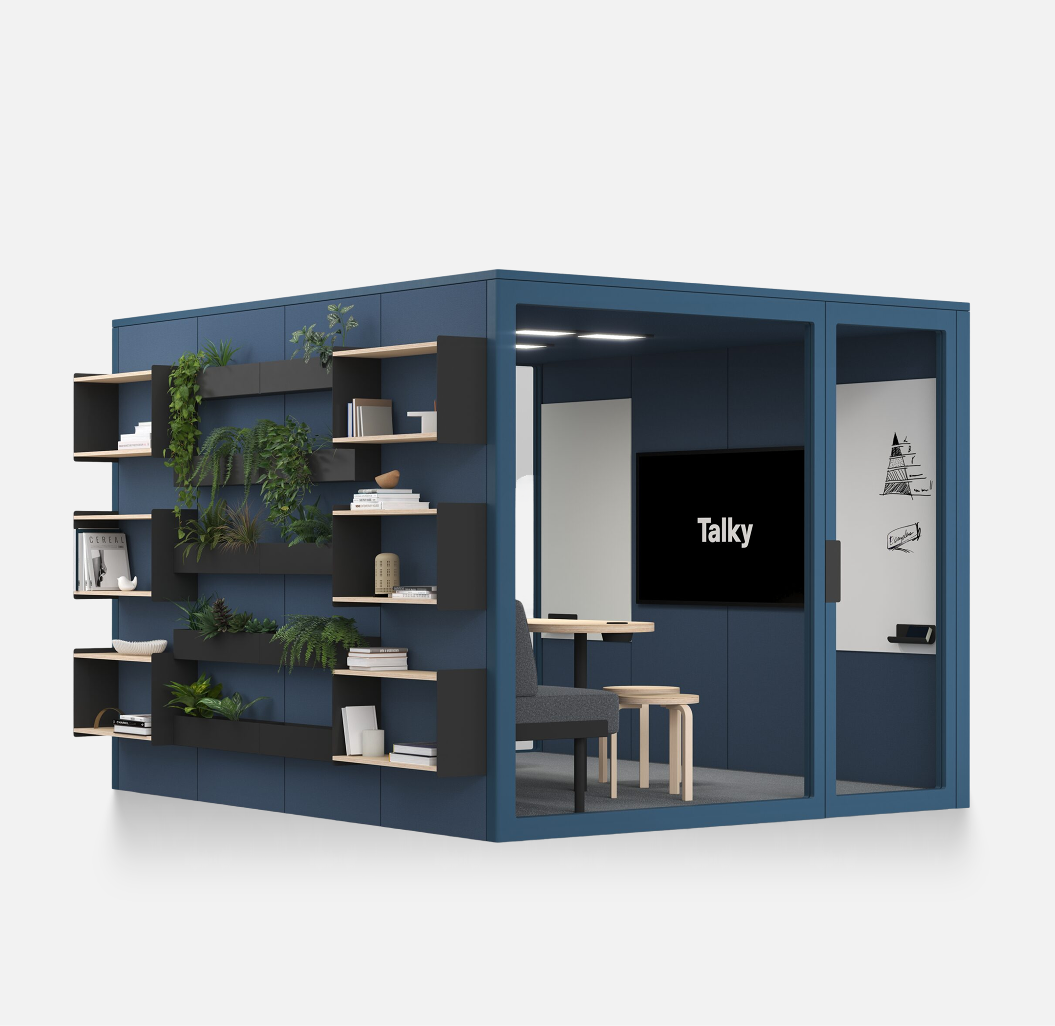 Dunkelblauer Talky XL75 Meetingraum mit Bildschirm, Whiteboard und begruenter Regalwand