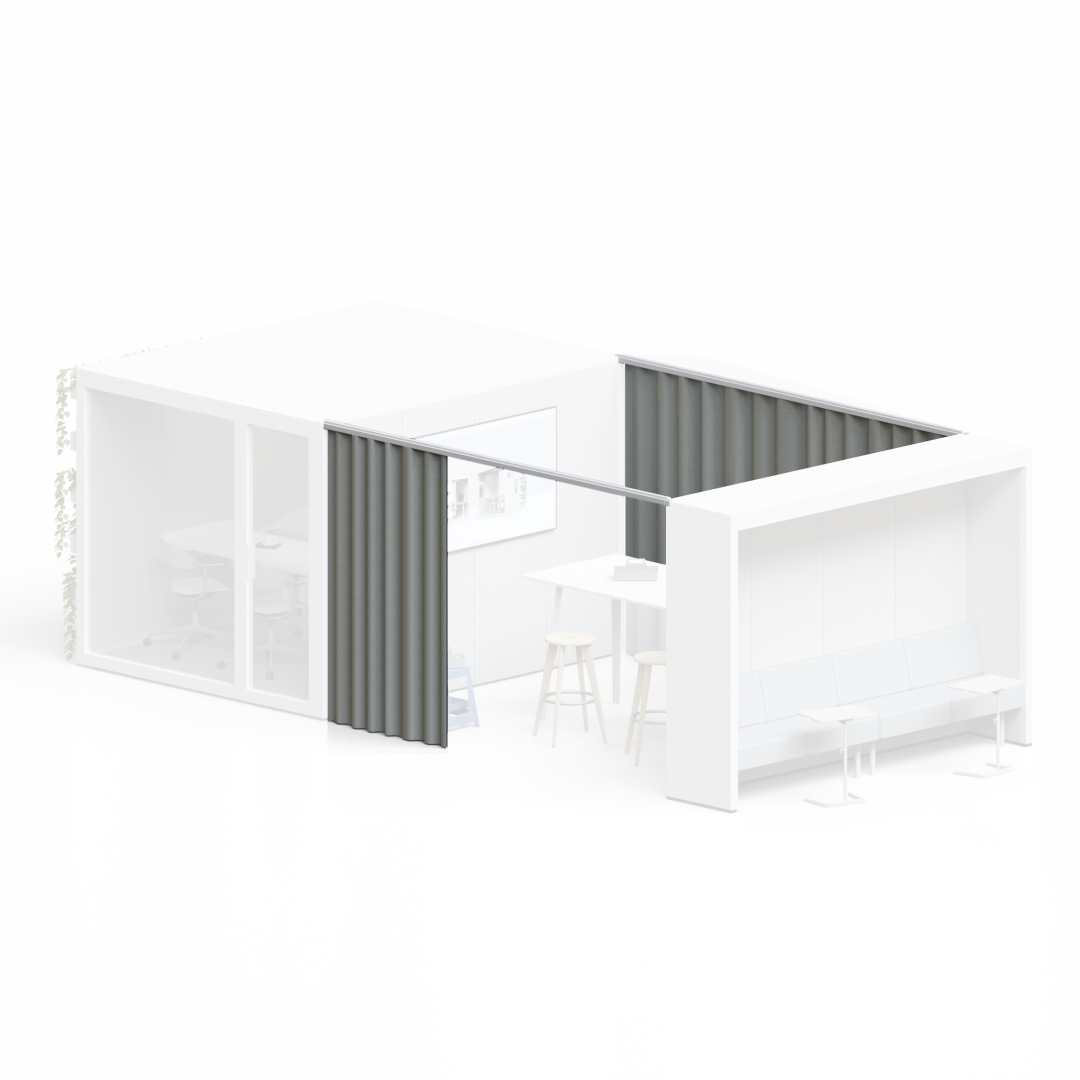 3D-Visualisierung einer Talky-Raumkonfiguration mit Meetingbereich, Vorhang und Lounge-Nook