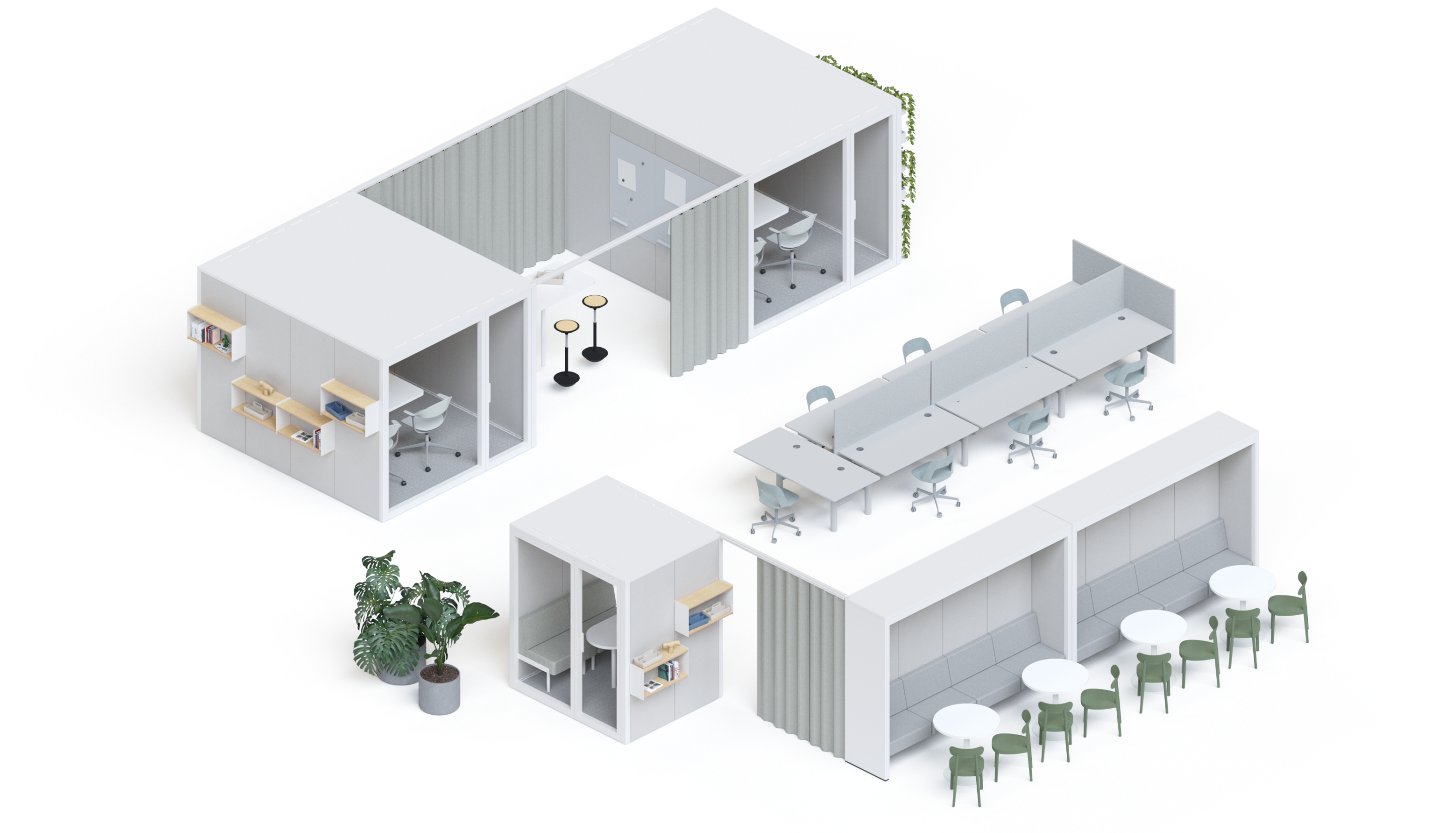Full 3D overview of the Talky Village with pods, nook, bench seating and workstations in the open office