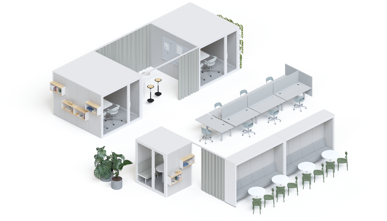 3D-Gesamtansicht des Talky Village mit Kabinen, Nook, Sitzbank und Arbeitsplätzen im Grossraumbüro