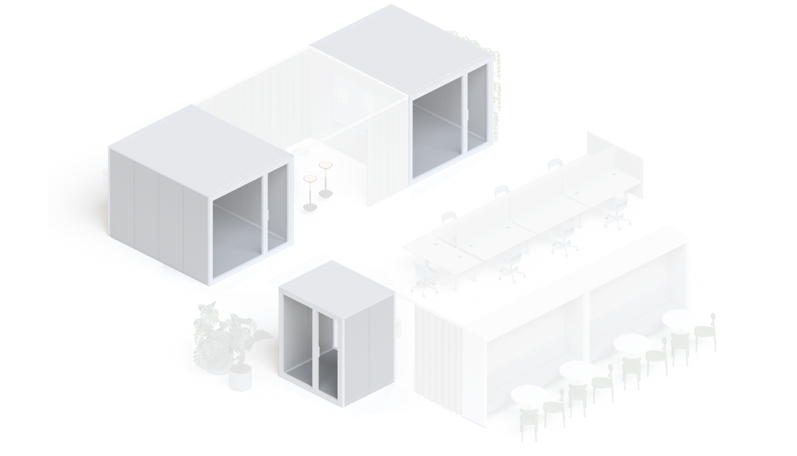 Talky Village Übersicht mit hervorgehobenen Talky-Rooms-Kabinen für Einzel- und Teamarbeit