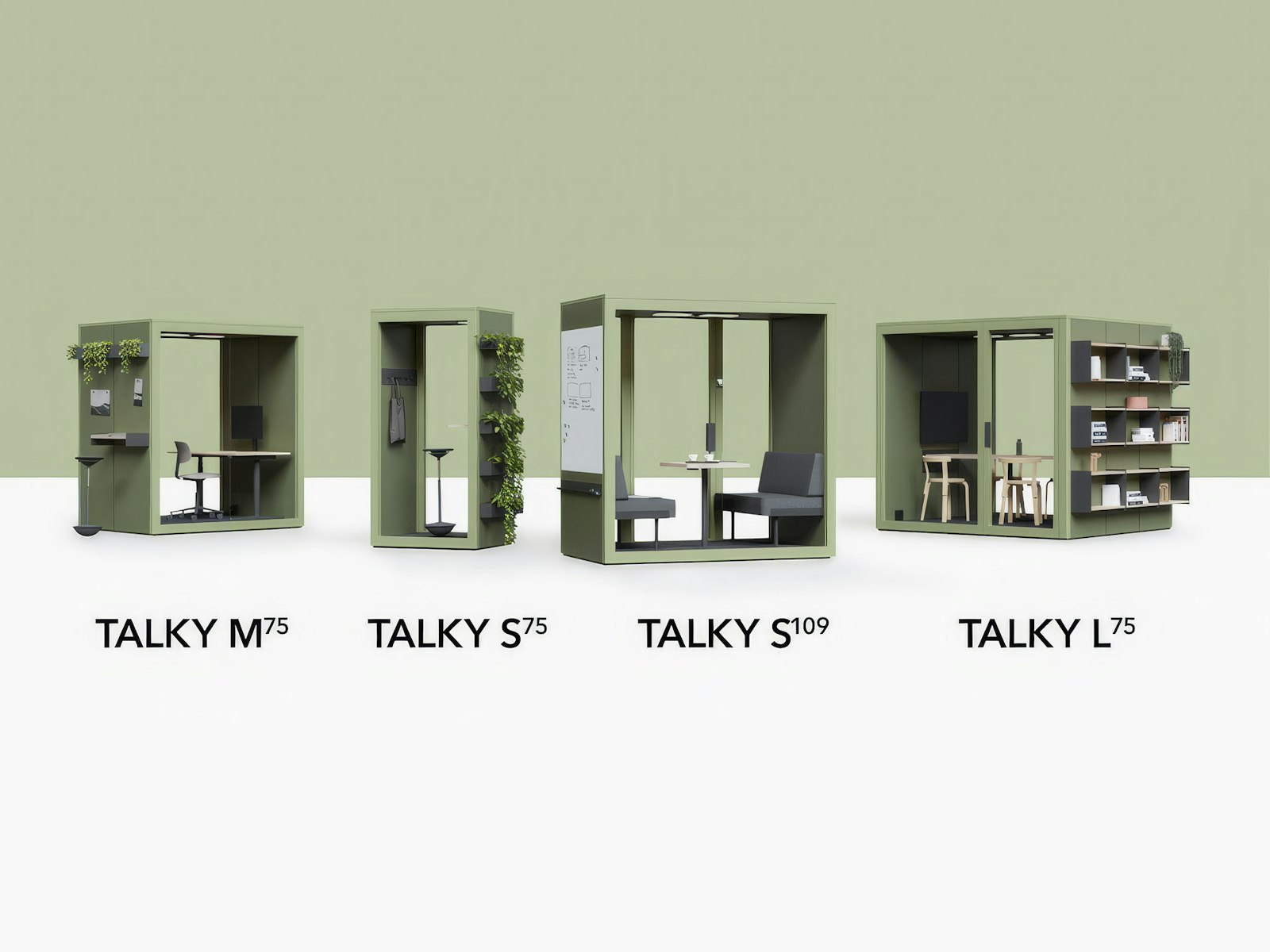 Four Talky room systems (M75, S75, S109, L75) lined up against a green backdrop, 2022