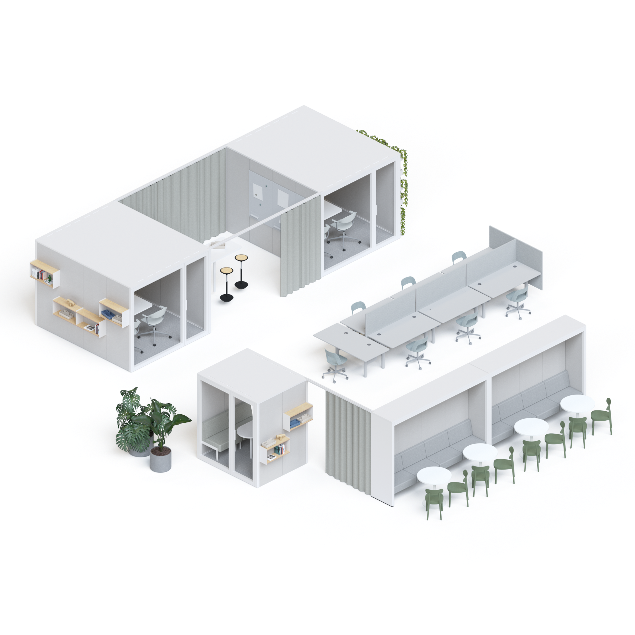 Isometrische Darstellung eines Talky-Village-Layouts mit Kabinen, Arbeitsplaetzen und Lounge-Sitzbereich