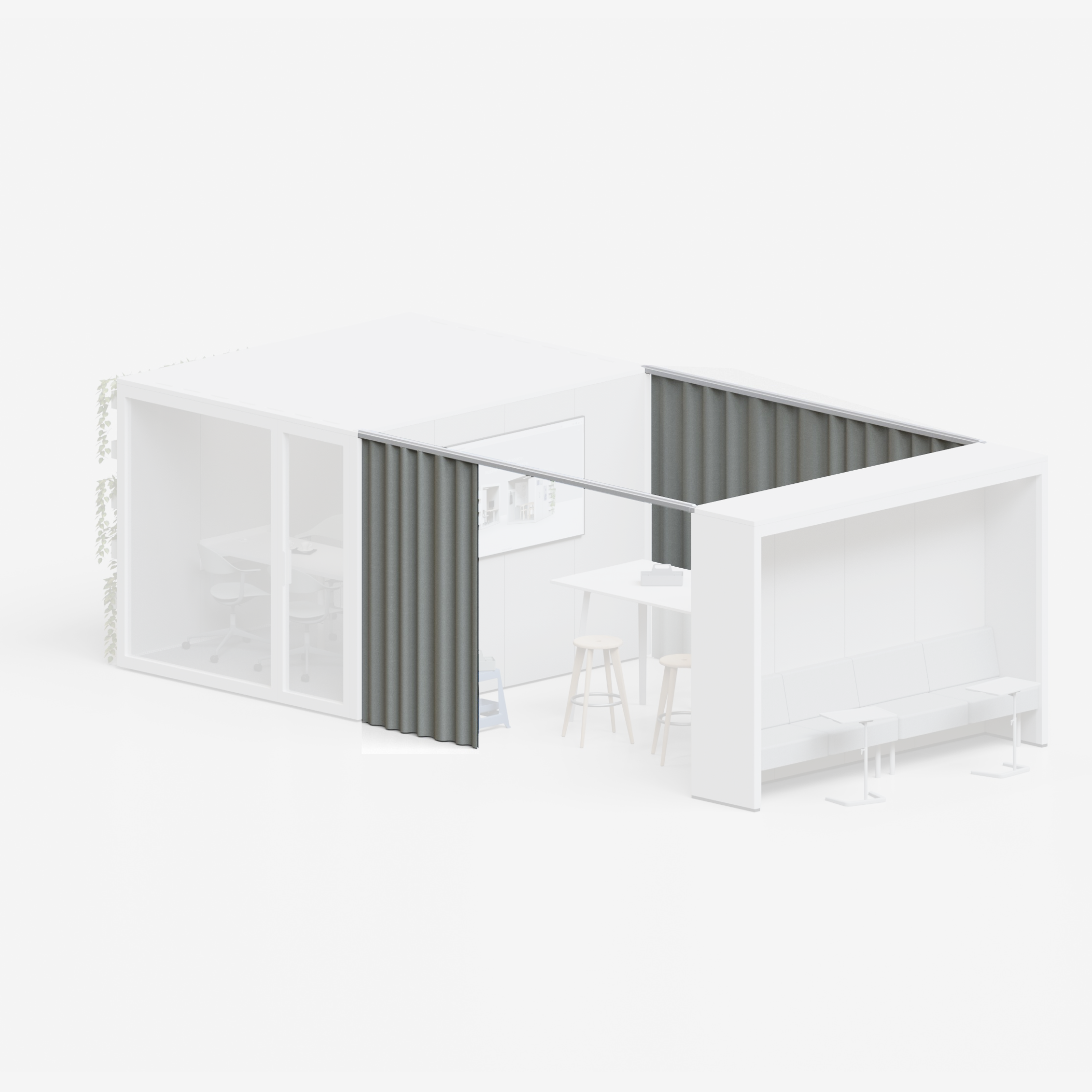 3D-Visualisierung eines Talky-Village-Setups mit Kabine, Vorhang, Stehtisch und Sitzbank