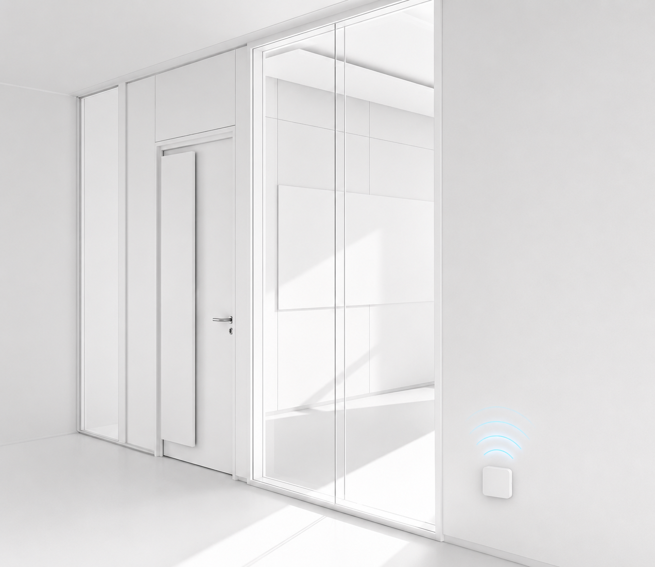 3D render of a glazed office corridor with a wall-mounted Riotherm STRATA wireless sensor