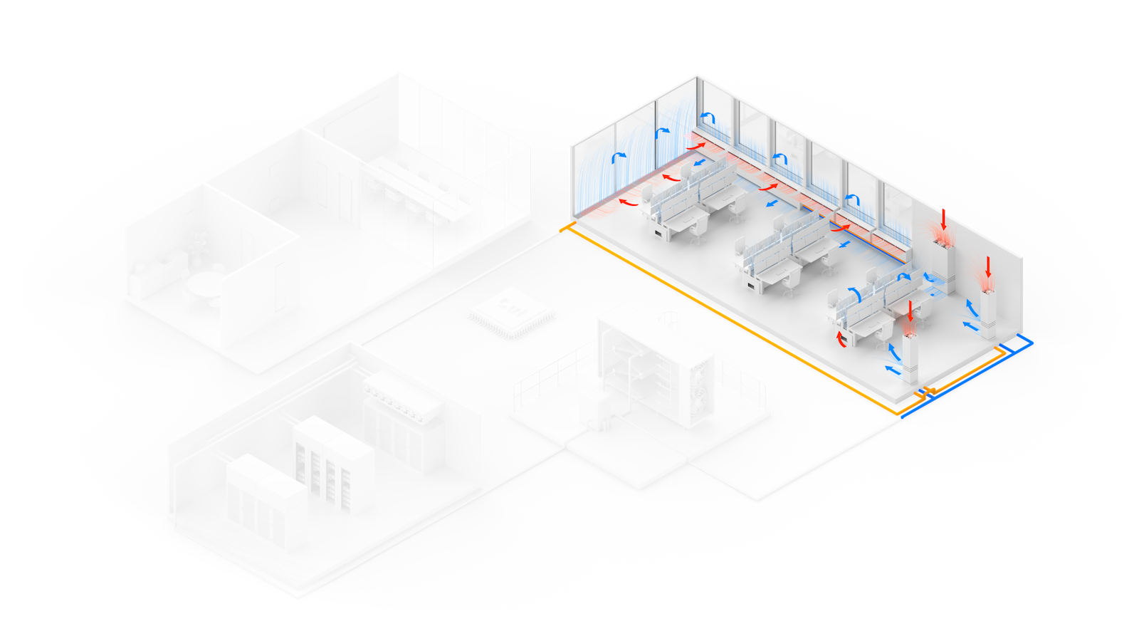 3D illustration of an open-plan office with Riotherm CONVEC units and colour-coded air ducting