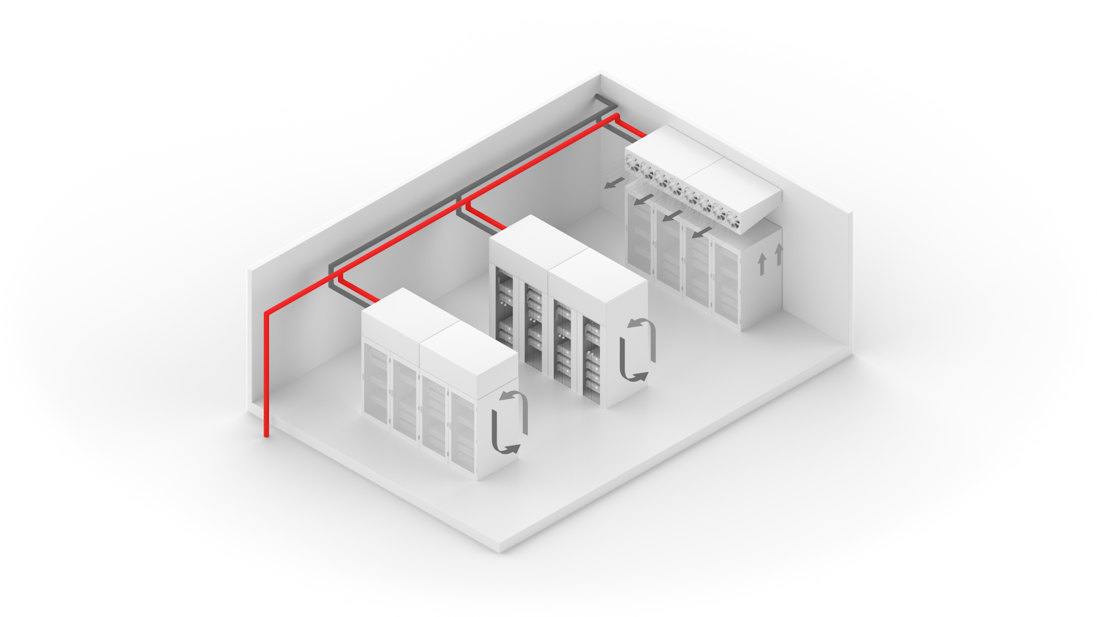 Server room diagram with a highlighted red pipe showing energy reuse in the Riotherm X system