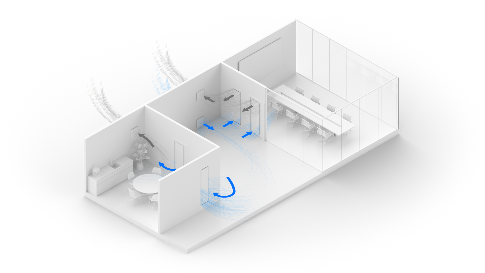 Isometric office diagram with blue arrows showing fresh air distribution from Riotherm STRATA units