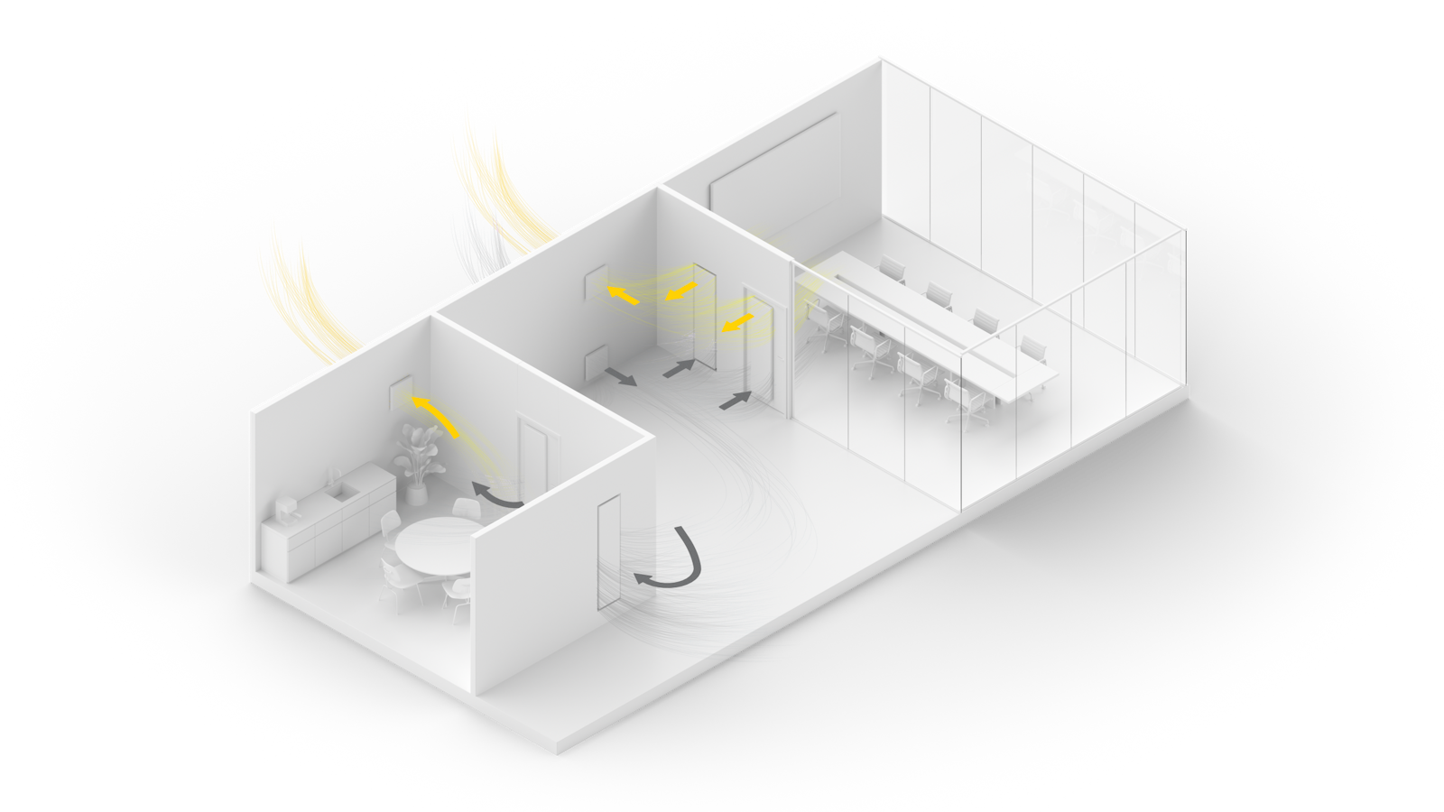 Isometric office diagram with yellow arrows showing stale air extraction via Riotherm STRATA units
