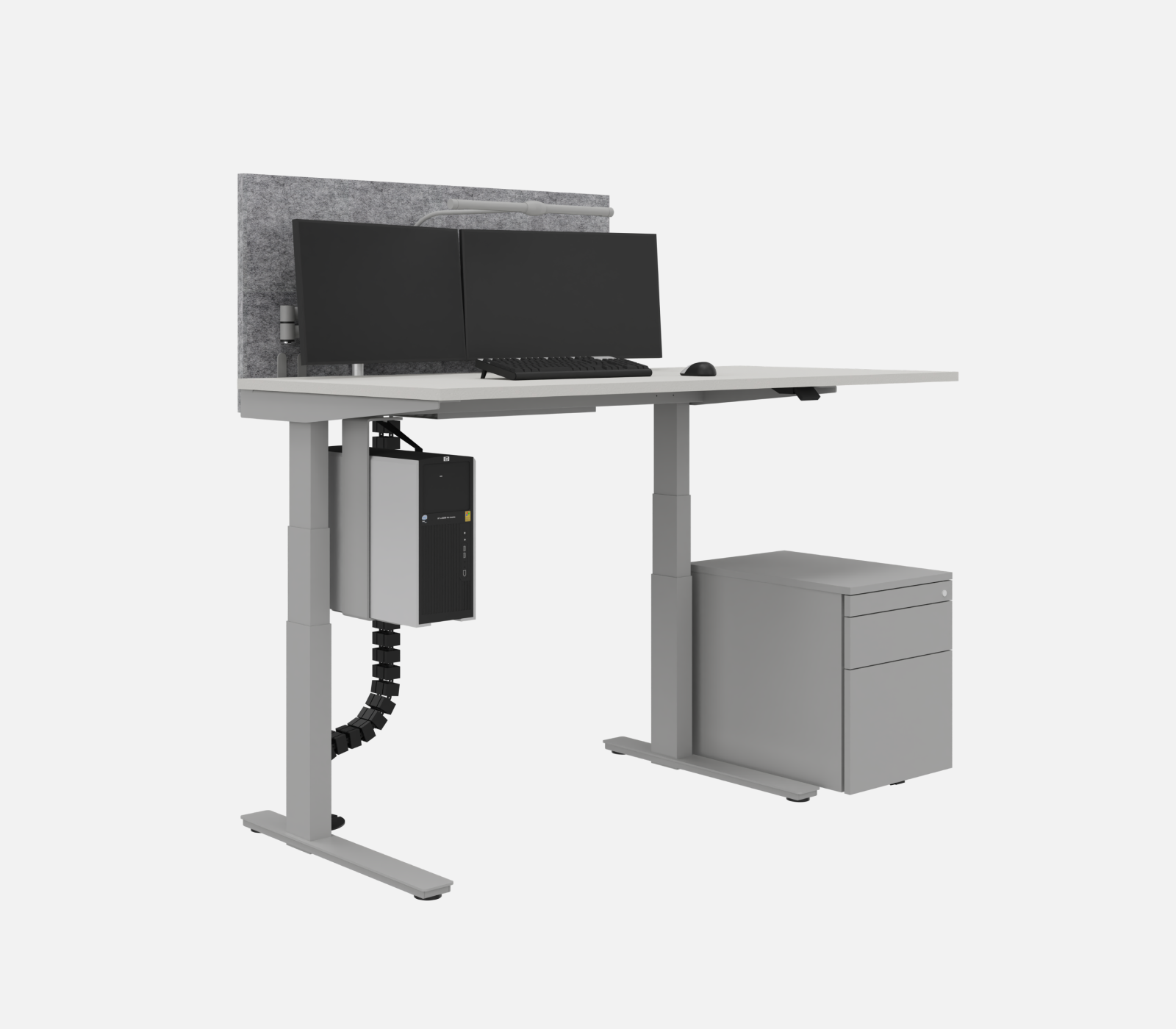 Axis Steh-Arbeitsplatz mit Monitorhalterung, PC-Halter und Rollcontainer, freigestellt