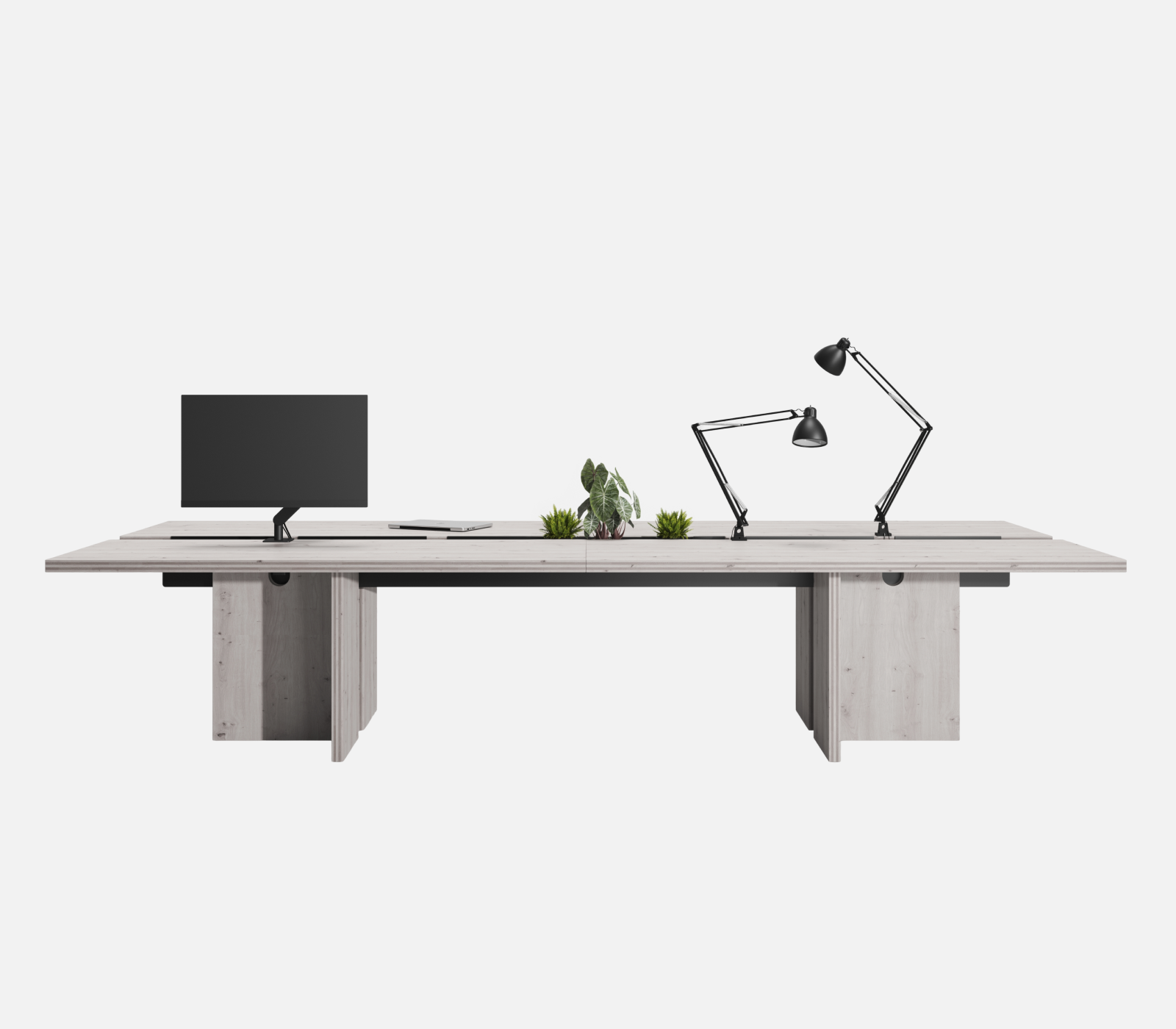 Höhenverstellbarer Schreibtisch mit Monitorarm, Tischleuchten und Pflanzen, freigestellt