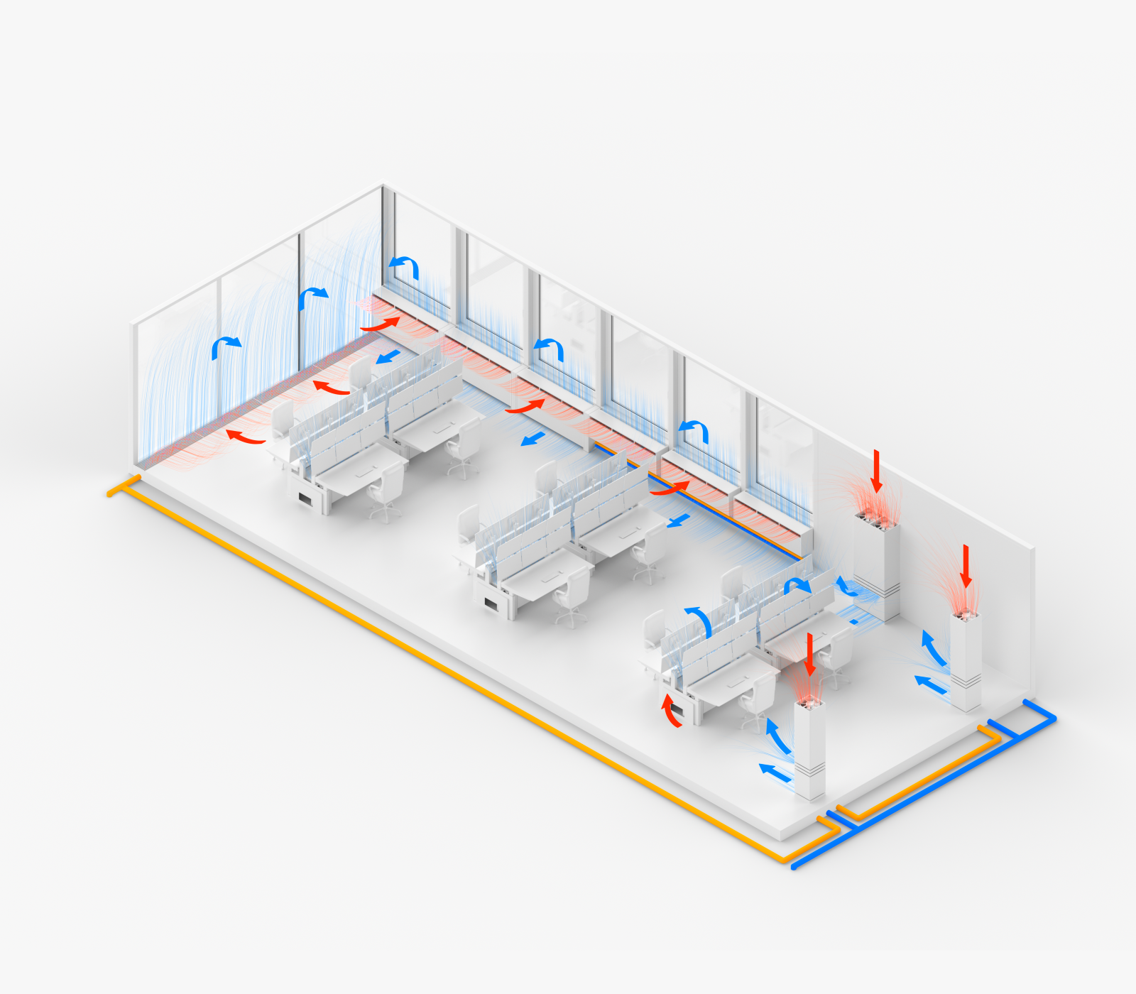 3D illustration of Riotherm CONVEC workplace cooling showing the airflow at each desk