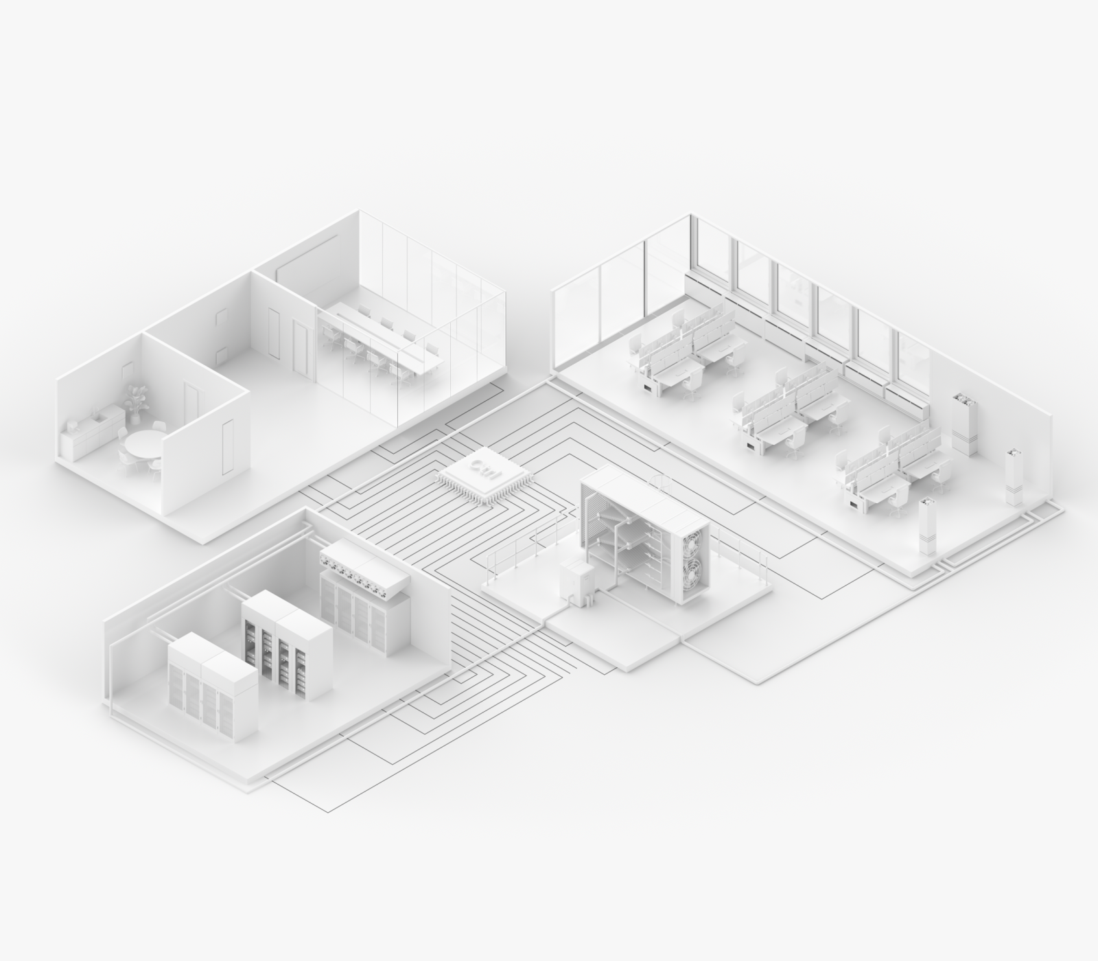 3D illustration of the Riotherm CTRL control unit networking workstations, server room and meeting room