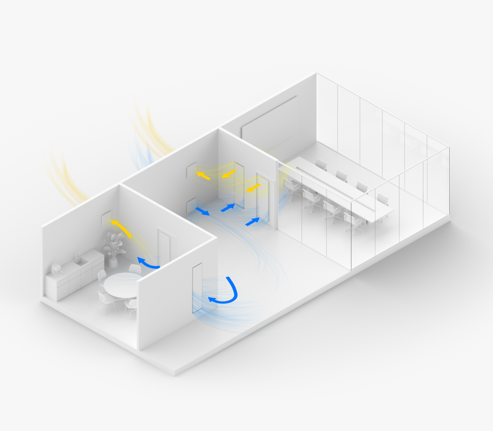 3D illustration of office rooms with Riotherm STRATA units and colour-coded airflow arrows