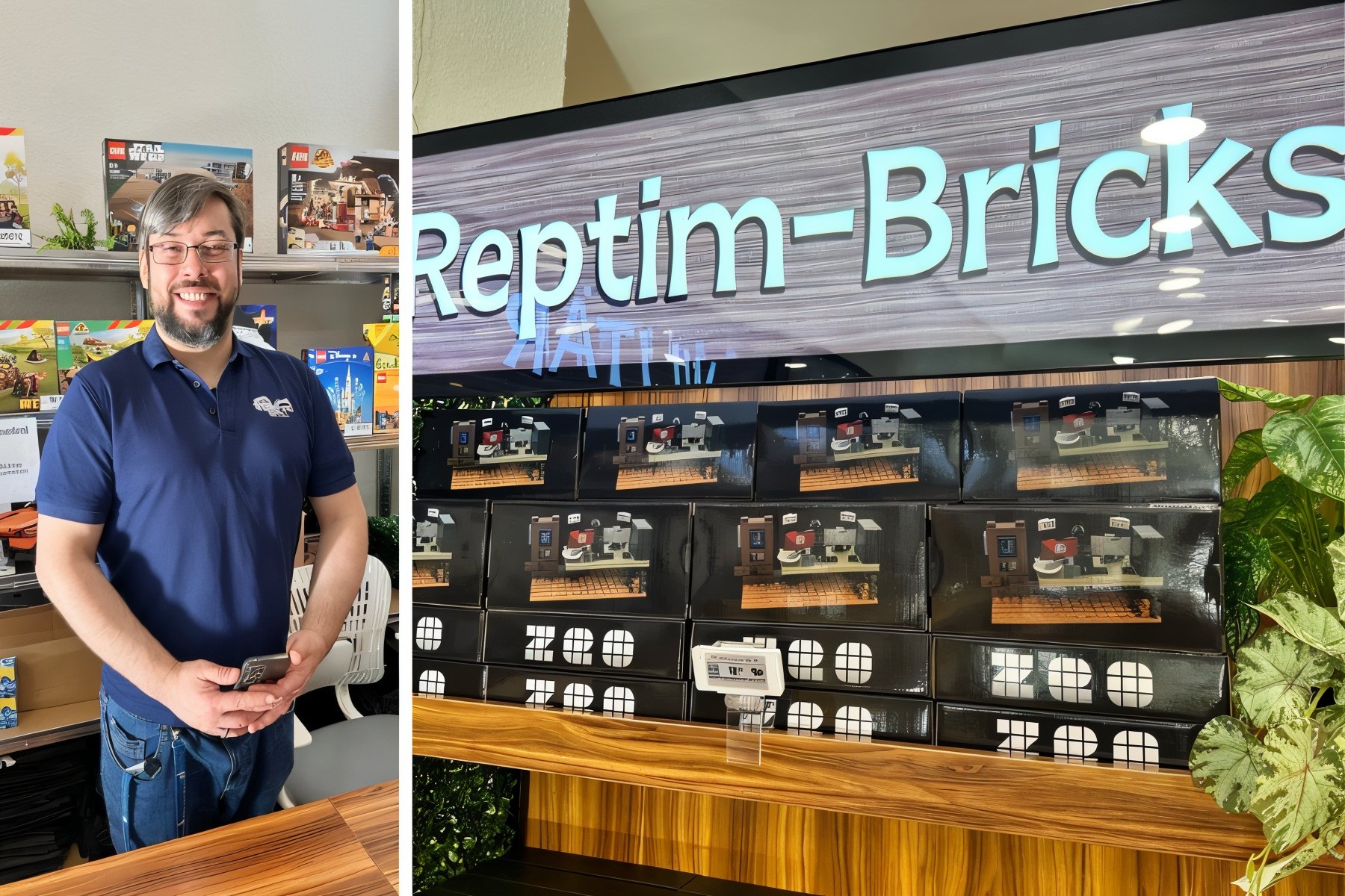 Ein lächelnder Mann steht in einem Spielzeugladen neben Regalen mit LEGO-Sets. Auf der angrenzenden Ausstellungsfläche sind verpackte Spielzeugsets unter einem großen „Reptim-Bricks“-Schild ausgestellt, an deren Seite grüne Pflanzen zu sehen sind.