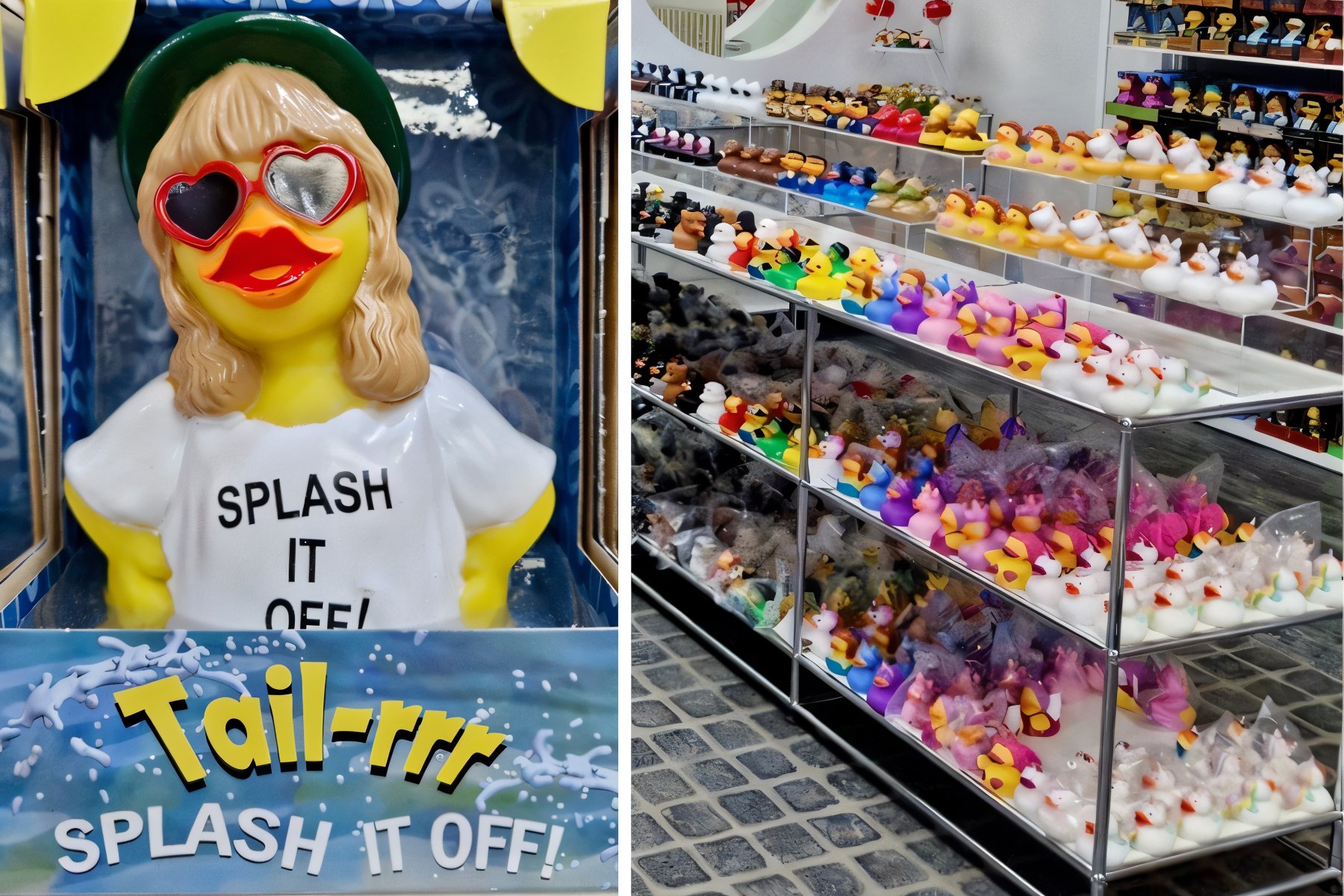 In einem Geschäft steht eine Schaufensterpuppe mit einer Herzbrille und einem „SPLASH IT OFF!“-T-Shirt neben Regalen, die mit verschiedenen bunten Gummienten gefüllt sind.