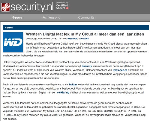 (Dutch) Western Digital laat lek in My Cloud al meer dan een jaar zitten