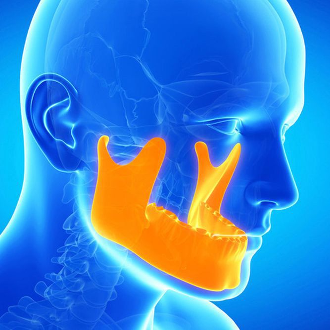Computer illustration of full head and neck x-ray with mandible highlighted in gold
