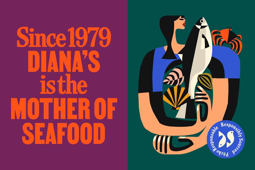 Diana’s Seafood campaign artwork featuring bold typography and a colorful illustration of seafood and a woman holding a fish.