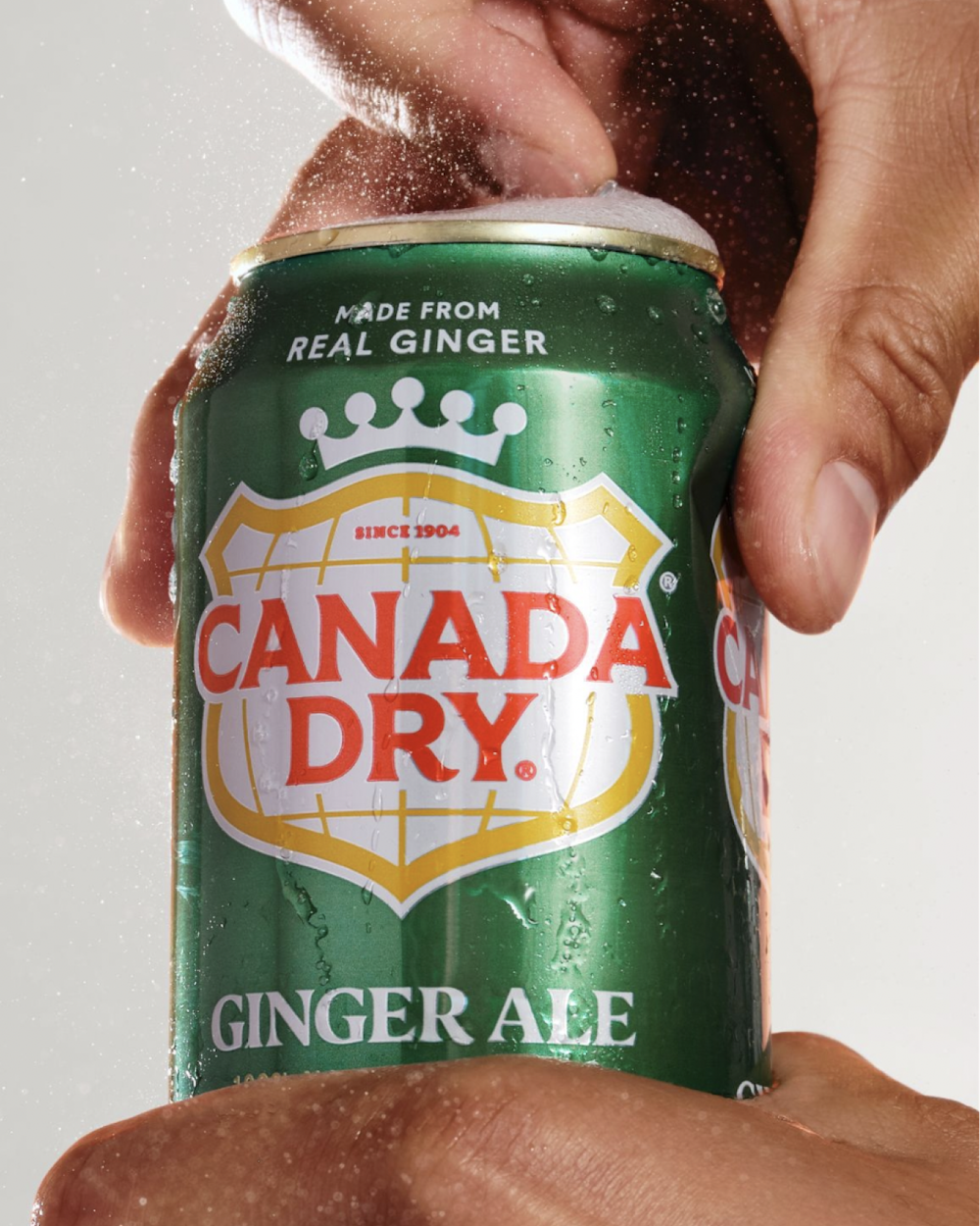 Someone opening a can of Canada Dry on a white background.
