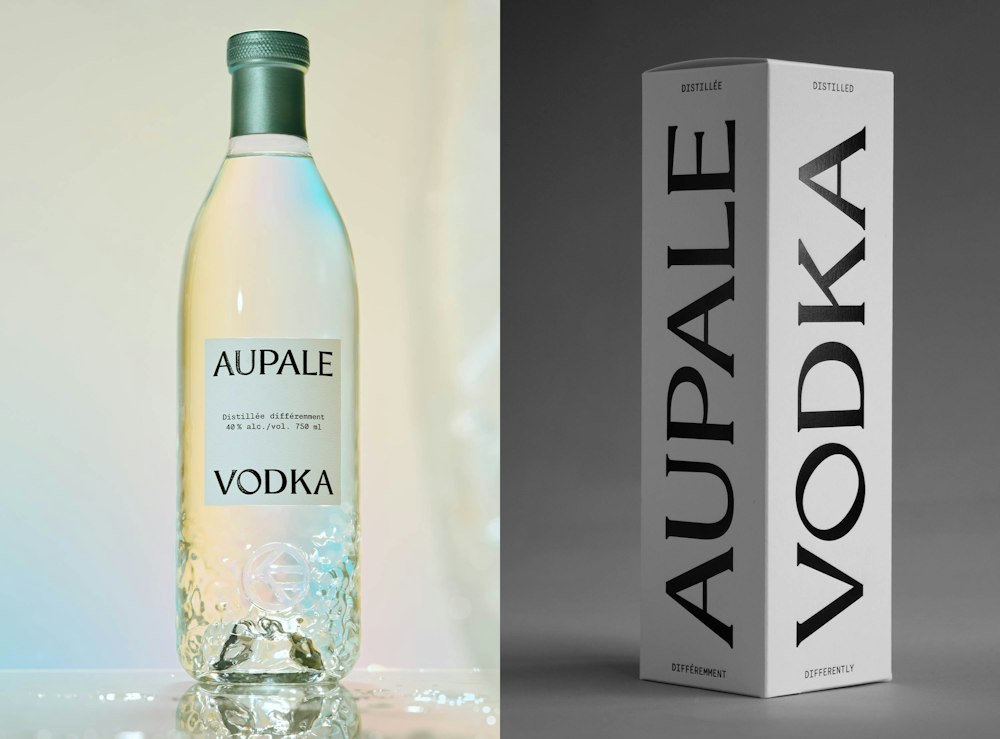 Aupale vodka bottle and packaging box showcasing the brand’s minimalist identity and typography.