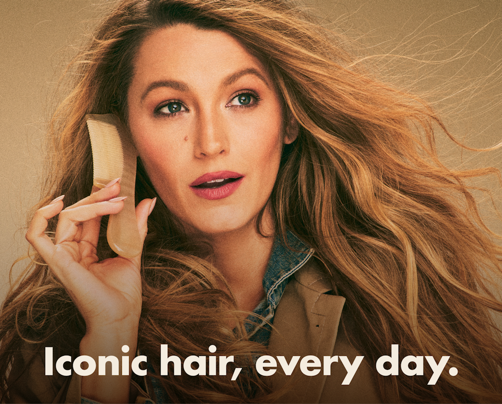 Blake Lively posing for the Blake Brown campaign with the line: "Iconic hair, every day"