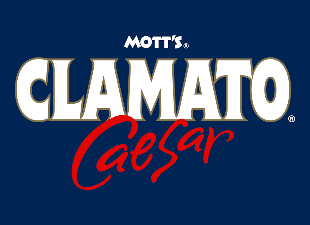 New logo of Mott's Clamato Caesar on a blue background.