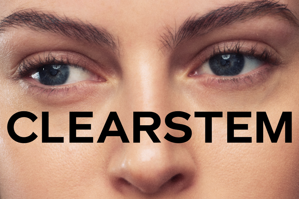 Close up of a face. Big clearstem logo.