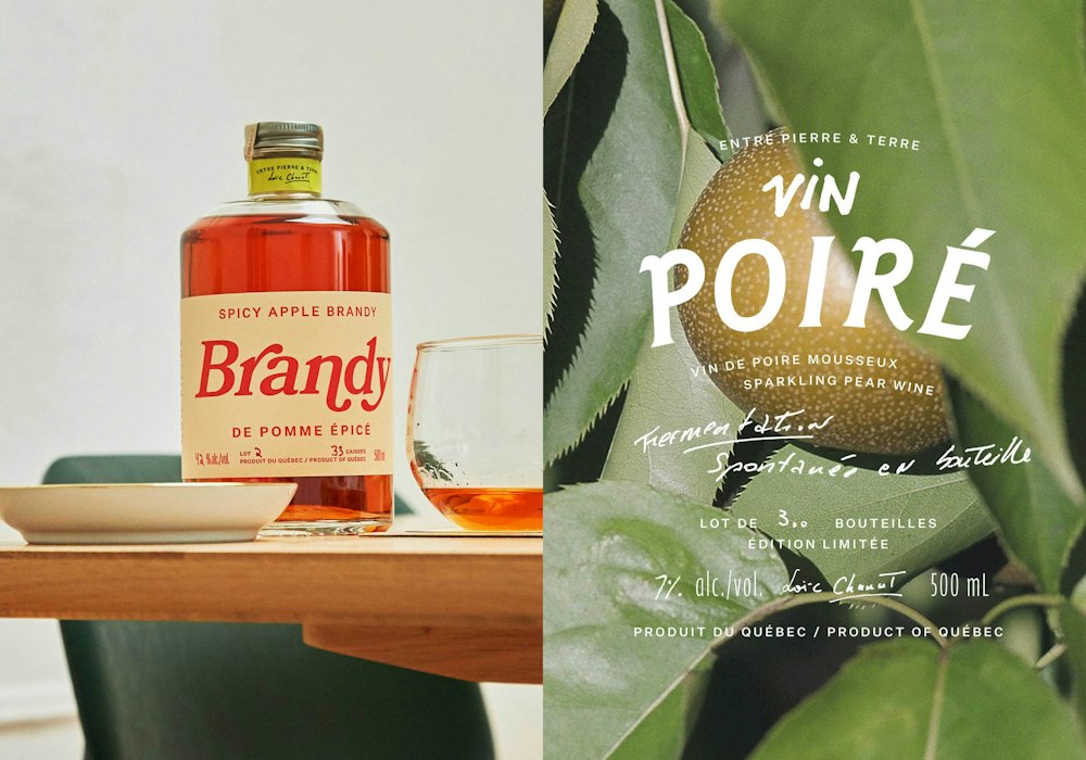 Entre Pierre & Terre beverage packaging featuring spicy apple brandy and a graphic visual of the sparkling pear wine label.