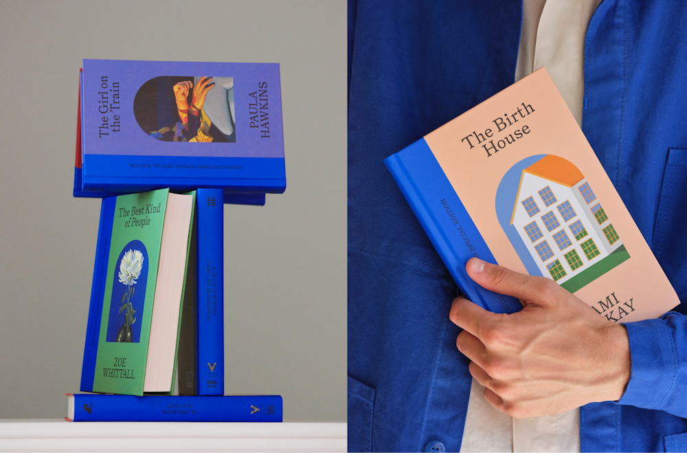 On the left, a pile of books from the 25th edition of Indigo Iconic Books. On the right, someone holding the book "The Birth House" from the Indigo 25th year collection.