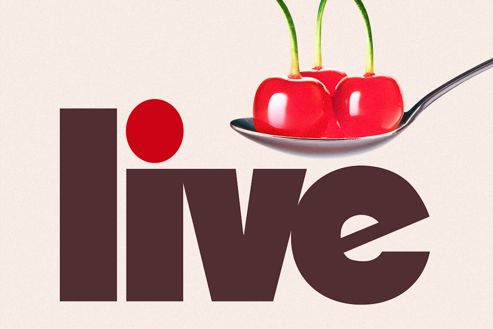 Live Soda logo in burgundy on a warm gray background. On top, vintage inspired illustrations of cherries in a spoon.