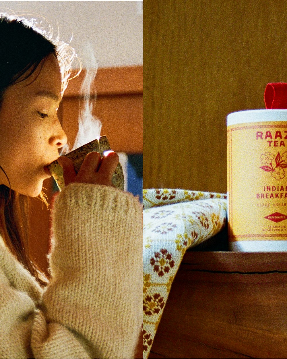 On the left, a women enjoying her tea. On the right, a Raazi Tea Indian Breakfast packaging on a wood shelf.