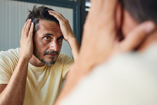 older man looking in the mirror after his hair transplant in Miami, FL