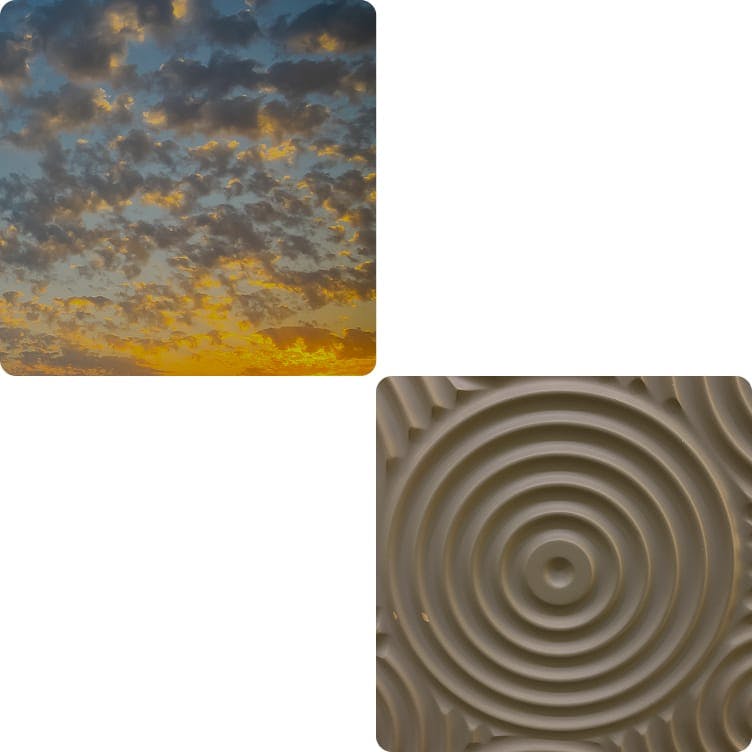first image: cloudy sunset, second image: abstract art