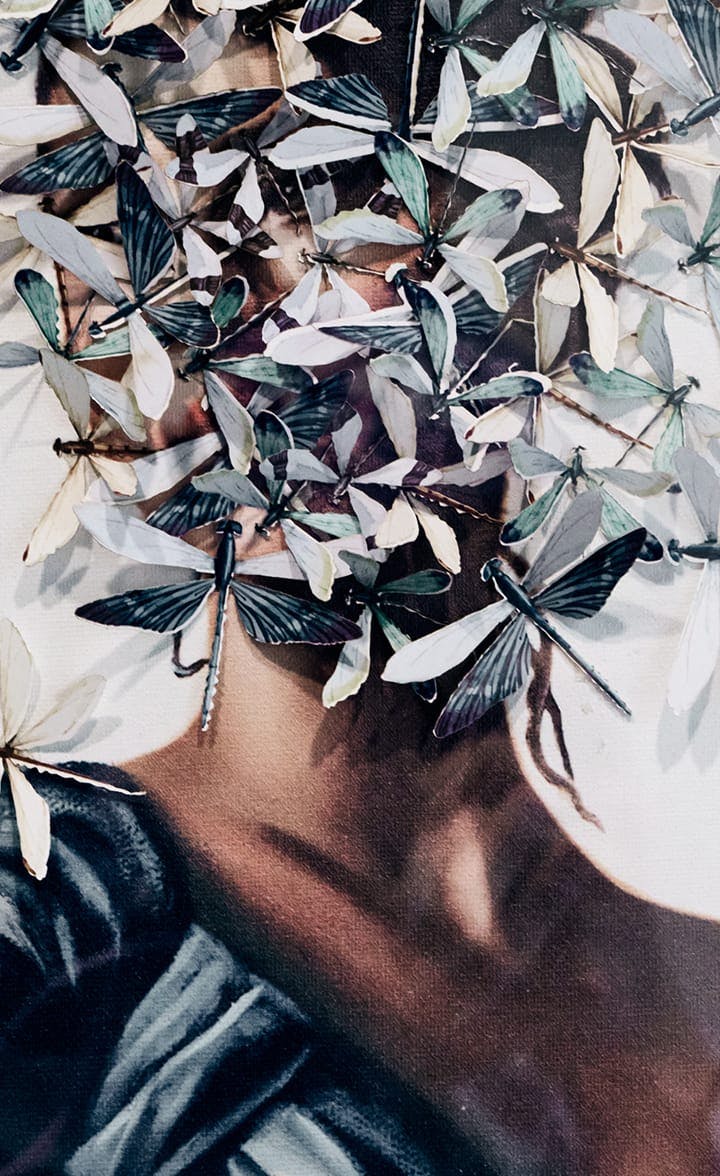 woman with face covered by dragonflys