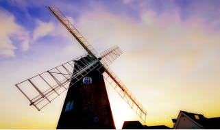 Medmerry Mill, a windmill set against the vast expance of sky at West Beach, Selsey 