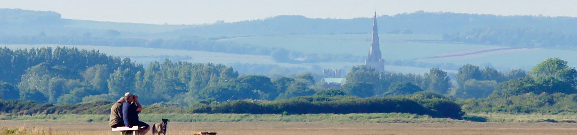 Image of Bird watchers looking out on Pagham Harbour with Chichester Cathedral in the background