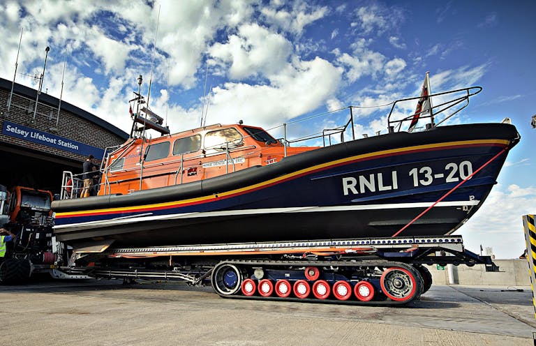 Selsey's shannon lifeboat outside RNLI Lifeboat station