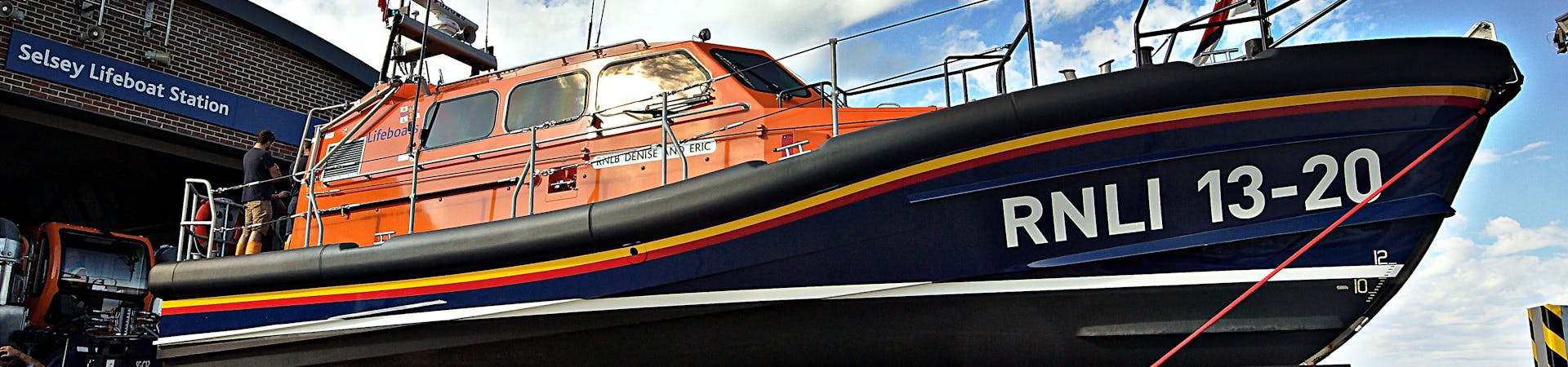 Selsey's shannon lifeboat outside RNLI Lifeboat station