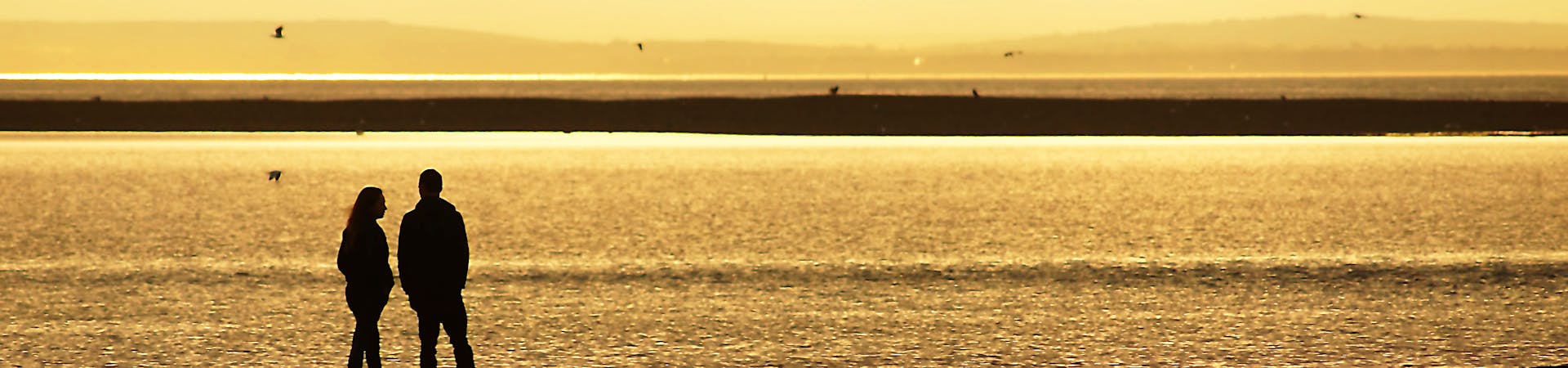 A couple walk along the sand at  Bill Point beach during low tide as the sun sets.  The Isle of Wight can be seen in the background and sea birds flying overhead