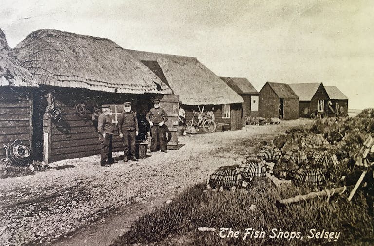 Three bearded Selsey Fishermen, outside their thatched fishing huts selling their produce.