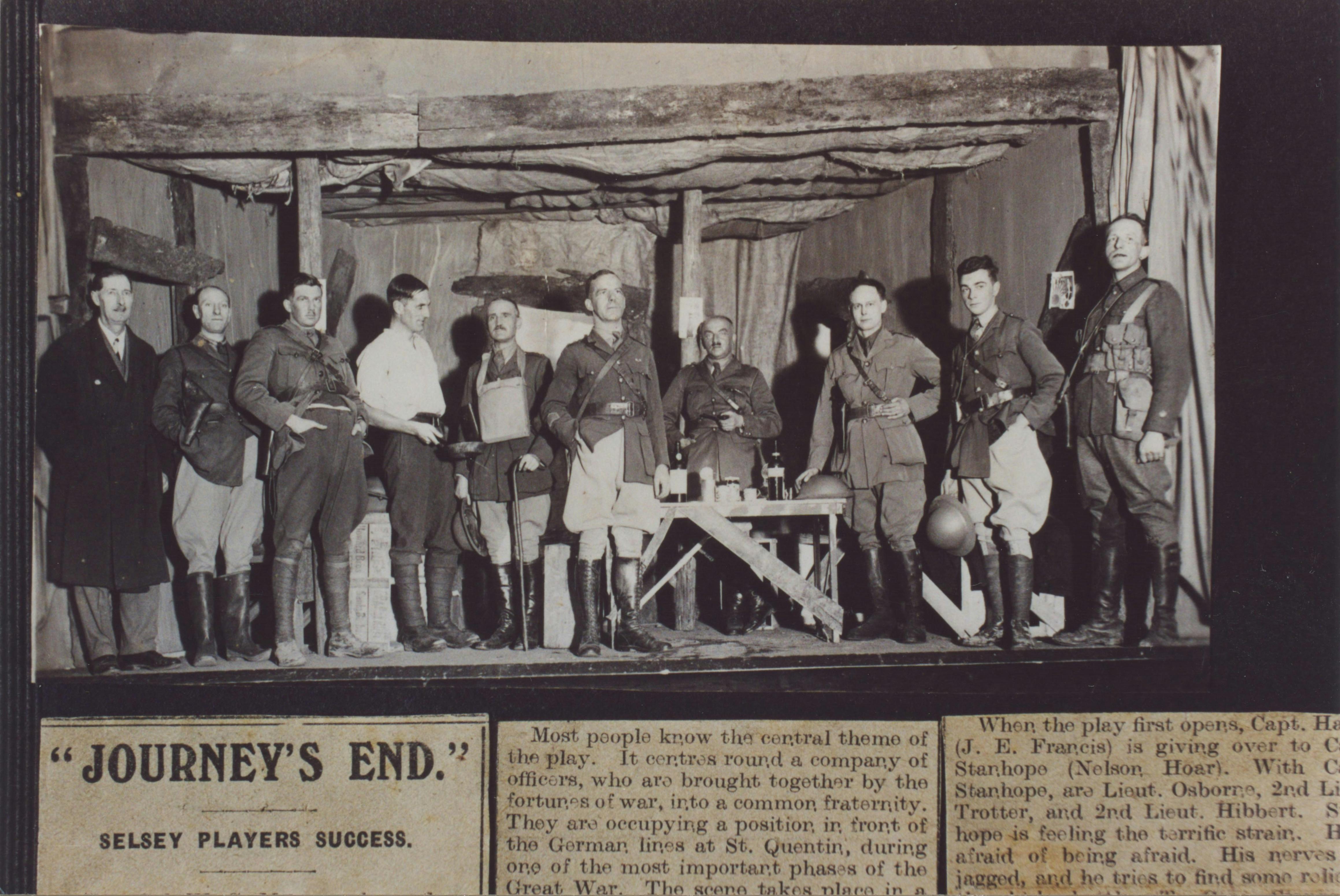 Newspaper cutting of the 1933 amateur production of Journey's End led by its playwright RC Sherriff and performed by the Selsey Players 