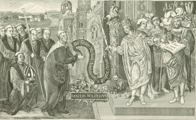 King Caedwalla Granting Land at Selsey, West Sussex County Council Library Service PP/WSL/E000085 Drawing of King Caedwalla Granting Land at Selsey to St Wilfrid