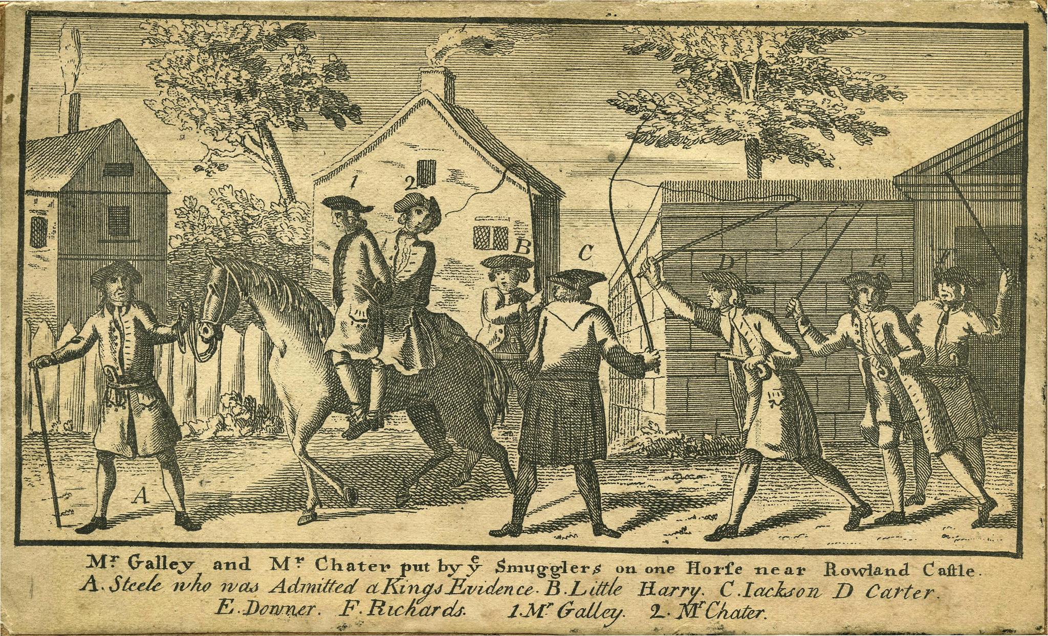 Mr Galley and Mr Chater put by ye Smuggler's on one Horfe near Rowland Castle
