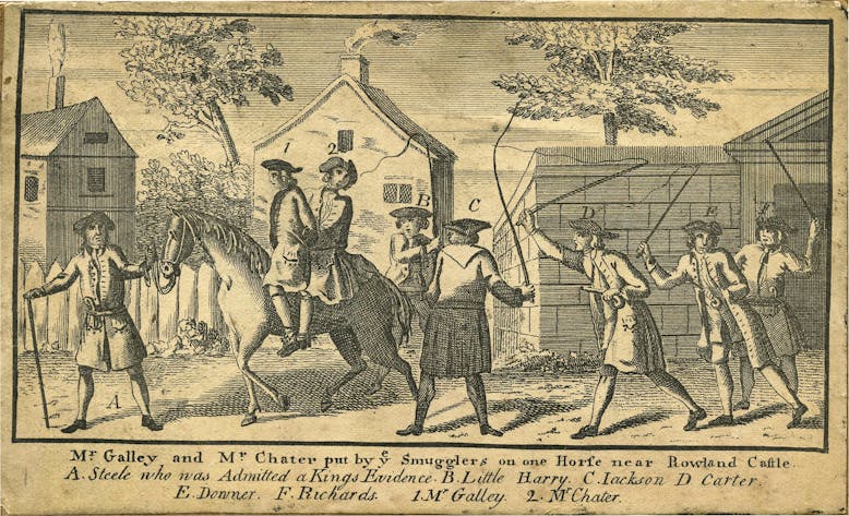 Mr Galley and Mr Chater put by ye Smuggler's on one Horfe near Rowland Castle, courtesy of Novium Museum Mr Galley and Mr Chater put by ye Smuggler's on one Horfe near Rowland Castle