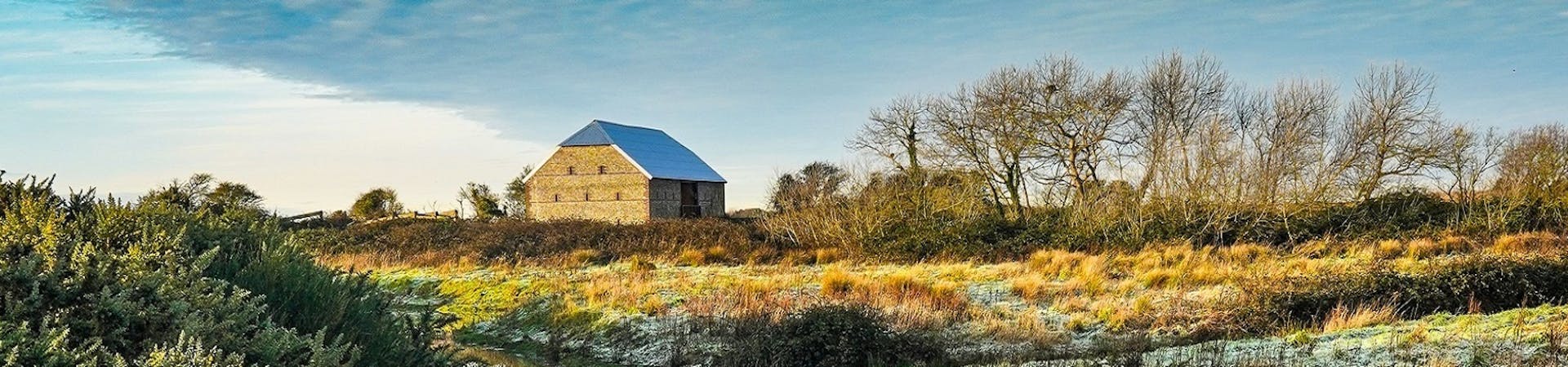 Medmerry Barn set in the background surounded with water, gorse flowers and wintry sky