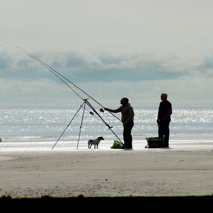Two anglers with small dog on Selsey sandy beach at sun rise with cotton wool clouds and sparkling sea, captured been to groyne posts covered in dark seaweed.